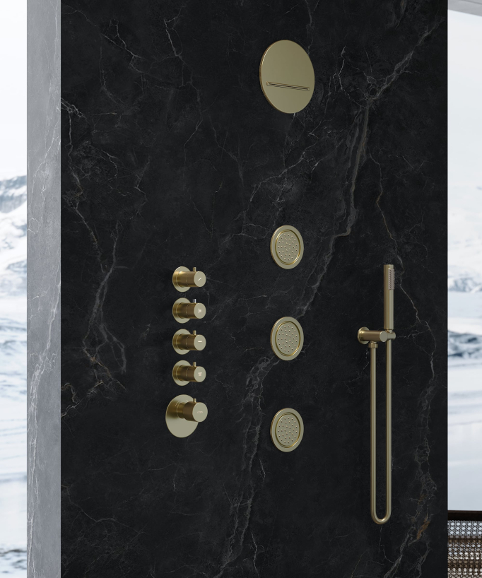 Composizione doccia termostatica soffione tondo wellness con body jets Oro spazzolato - Corbeau