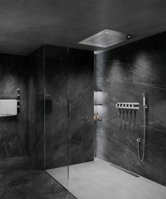 Set doccia termostatico con soffione a pioggia LED e cromoterapia - 80x60 cm