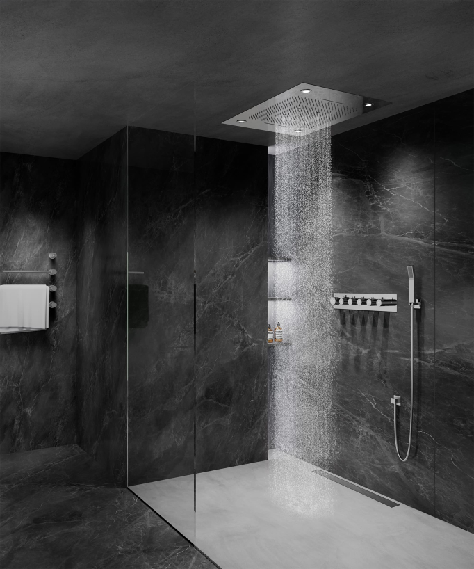 Set doccia termostatico con soffione a pioggia LED e cromoterapia - 80x60 cm