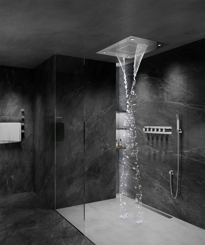 Set doccia termostatico con soffione a pioggia LED e cromoterapia - 80x60 cm