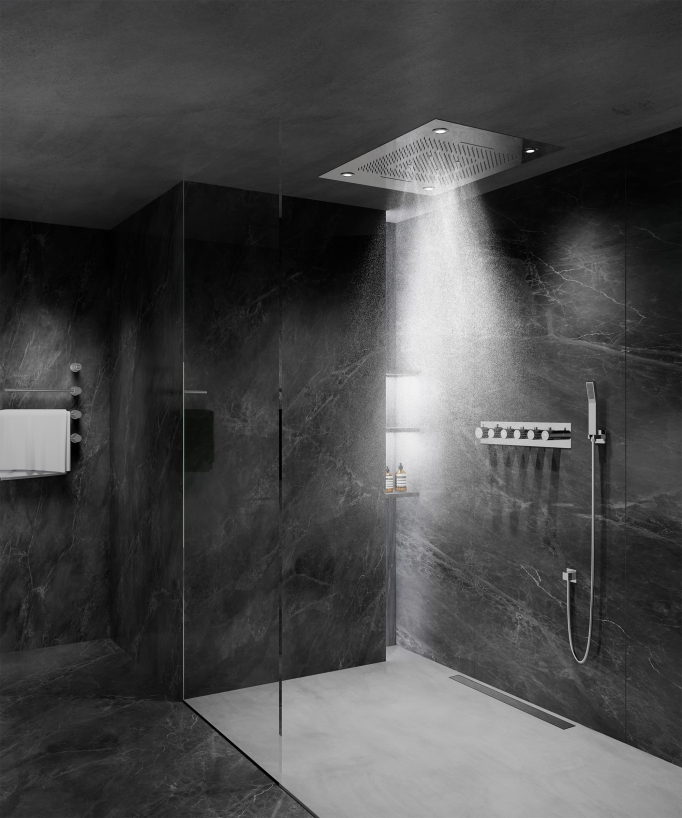 Set doccia termostatico con soffione a pioggia LED e cromoterapia - 80x60 cm