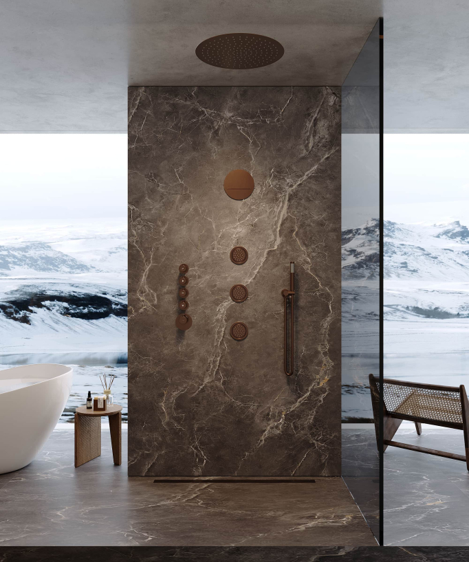 Composizione doccia termostatica soffione rotondo Wellness con body jets Oro rosa spazzolato - Corbeau