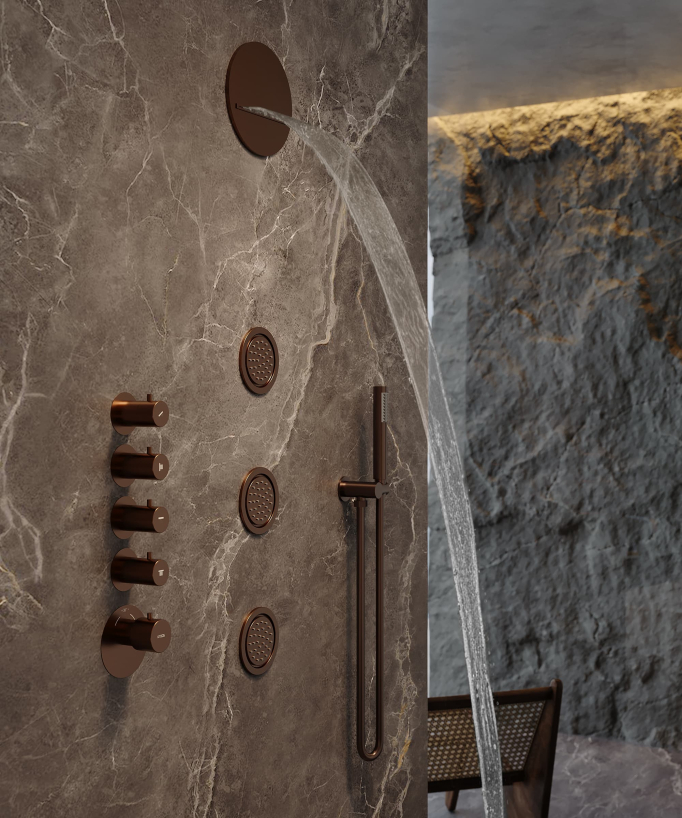 Composizione doccia termostatica soffione rotondo Wellness con body jets Oro rosa spazzolato - Corbeau