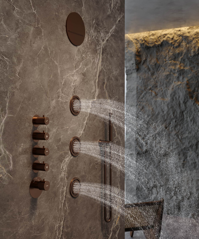 Composizione doccia termostatica soffione rotondo Wellness con body jets Oro rosa spazzolato - Corbeau