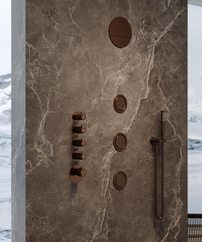 Composizione doccia termostatica soffione rotondo Wellness con body jets Oro rosa spazzolato - Corbeau