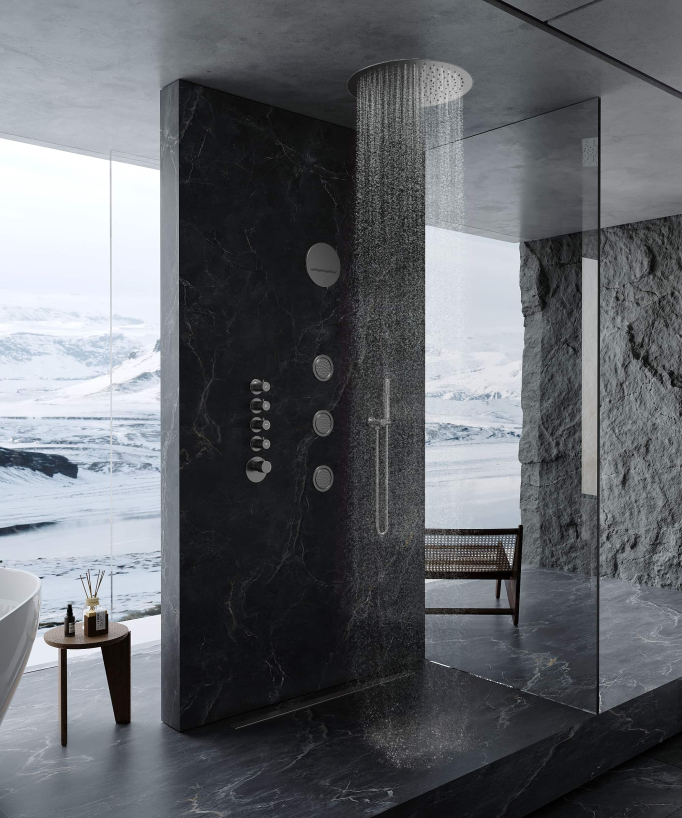 Composizione doccia termostatica soffione rotondo Wellness con body jets Gun metal - Corbeau