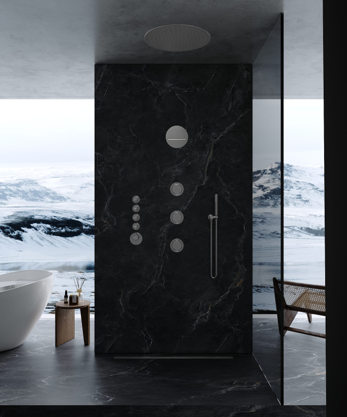 Composizione doccia termostatica soffione rotondo Wellness con body jets Gun metal - Corbeau