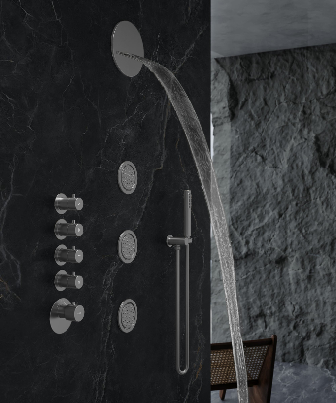 Composizione doccia termostatica soffione rotondo Wellness con body jets Gun metal - Corbeau