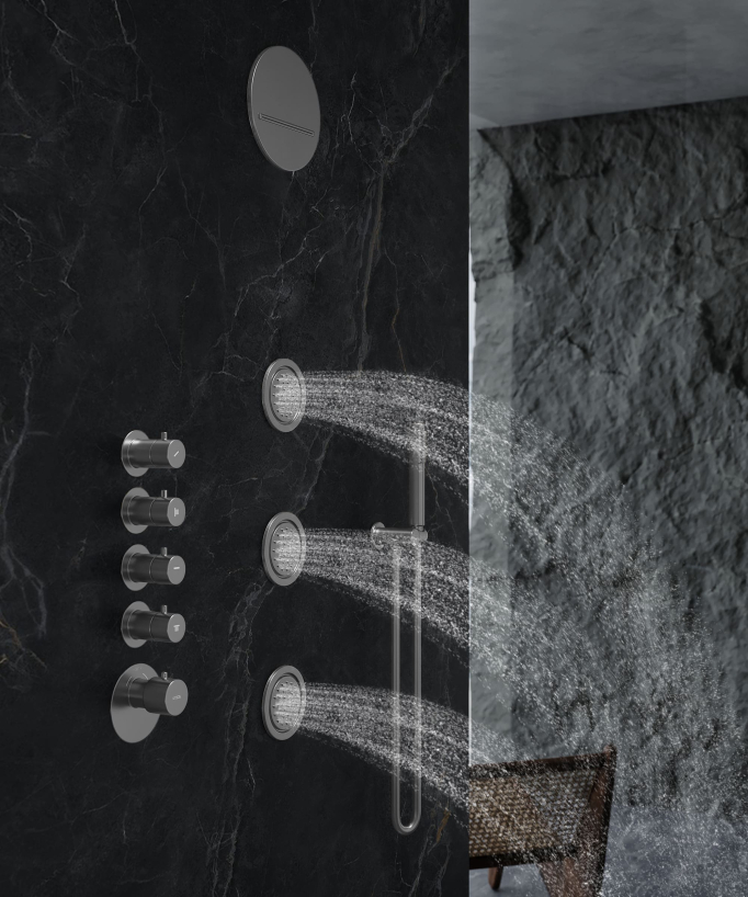 Composizione doccia termostatica soffione rotondo Wellness con body jets Gun metal - Corbeau