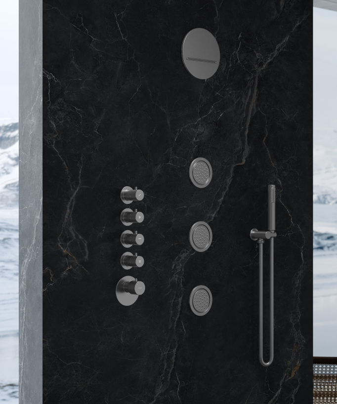 Composizione doccia termostatica soffione rotondo Wellness con body jets Gun metal - Corbeau