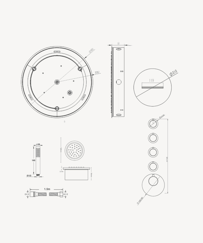Composizione doccia termostatica soffione rotondo Wellness con body jets Gun metal - Corbeau