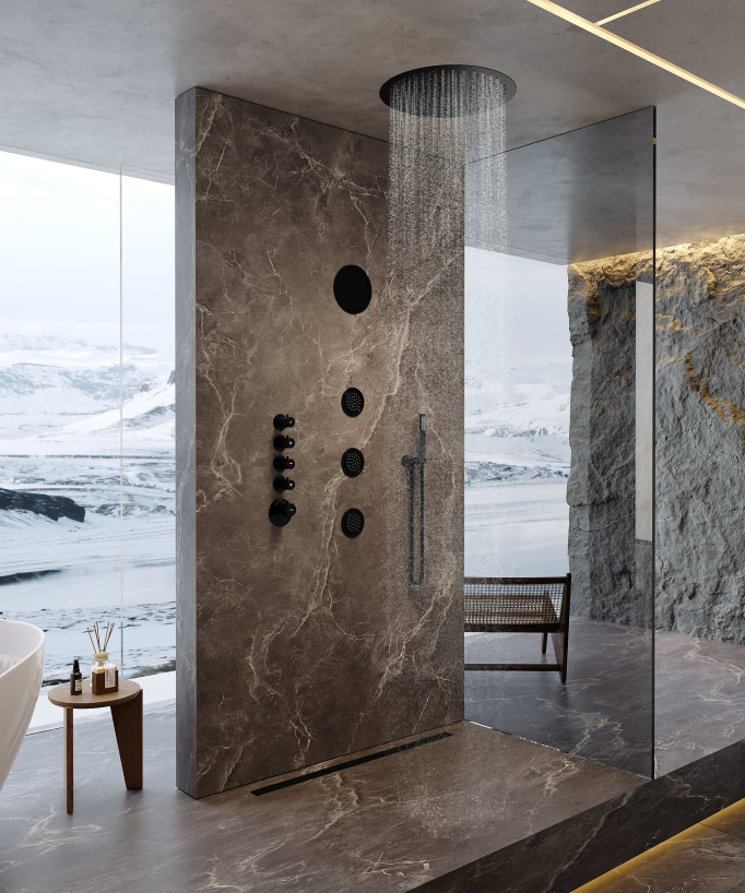 Composizione doccia termostatica soffione rotondo Wellness con body jets Nero - Corbeau