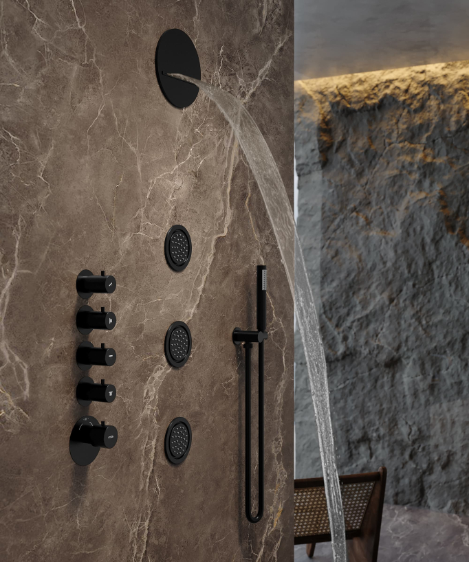 Composizione doccia termostatica soffione rotondo Wellness con body jets Nero - Corbeau