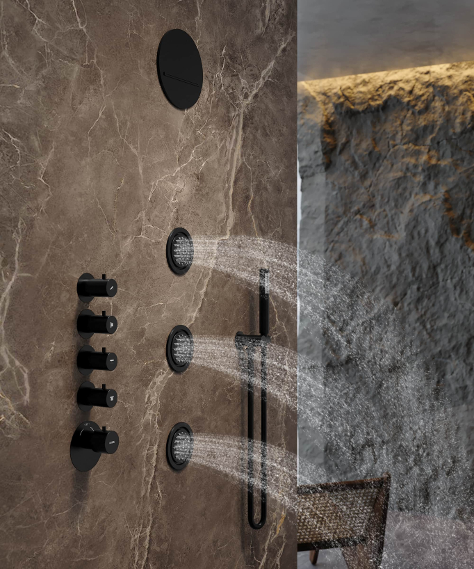 Composizione doccia termostatica soffione tondo Wellness con body jets - Corbeau