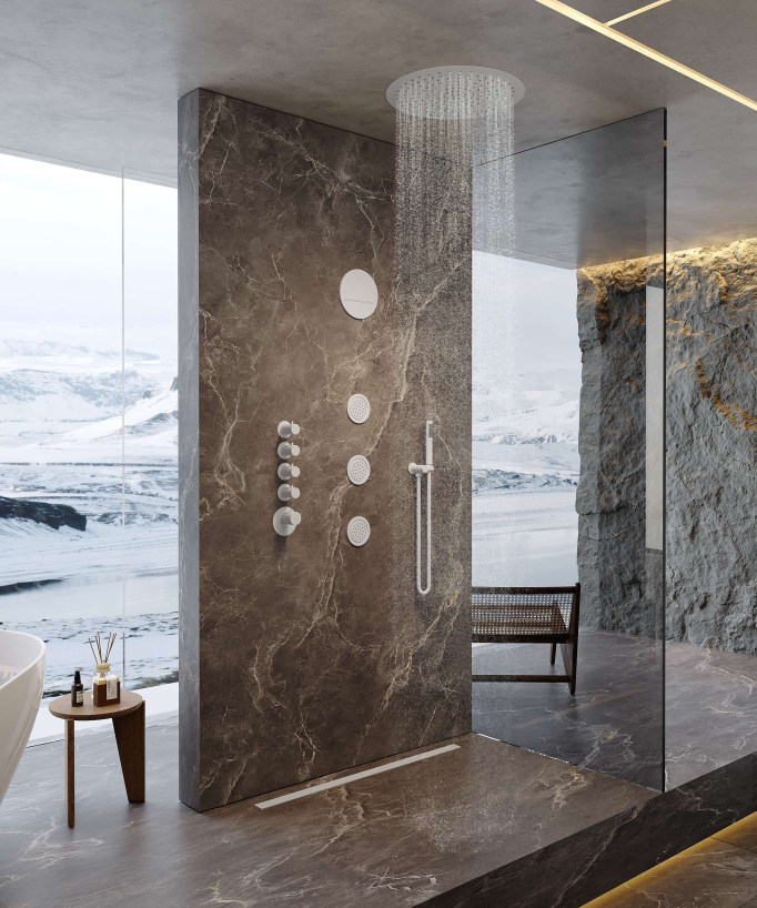 Composizione doccia termostatica soffione rotondo Wellness con body jets Bianco - Corbeau