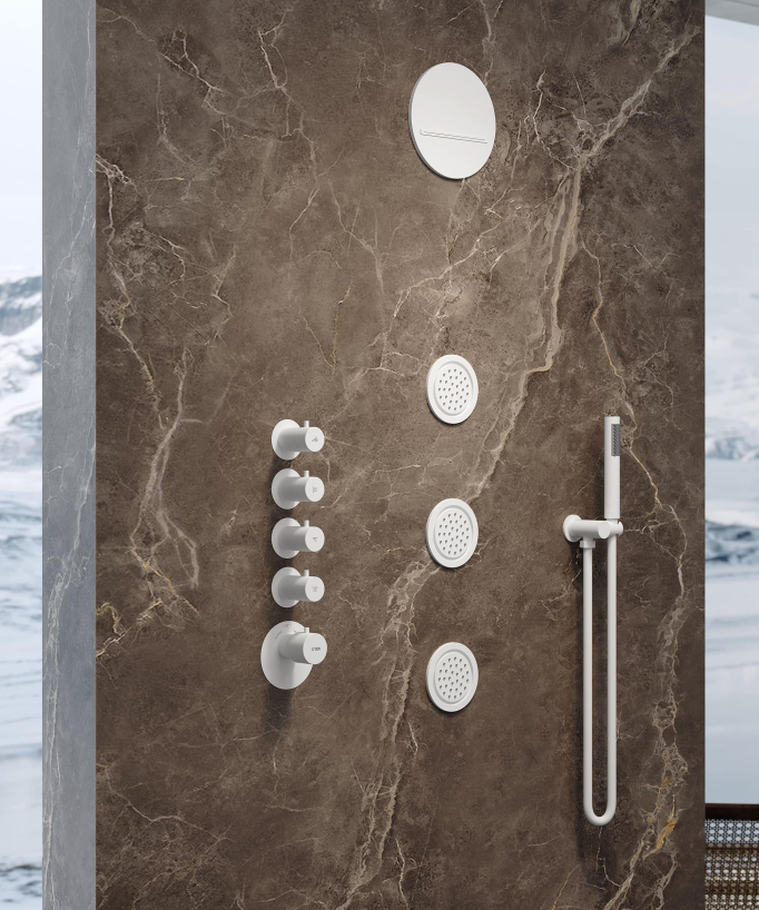 Composizione doccia termostatica soffione rotondo Wellness con body jets Bianco - Corbeau