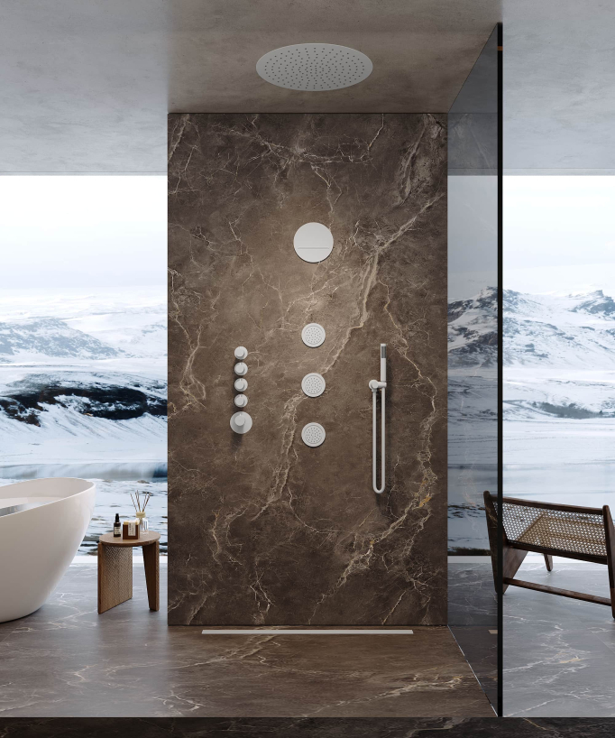 Composizione doccia termostatica soffione rotondo Wellness con body jets Bianco - Corbeau