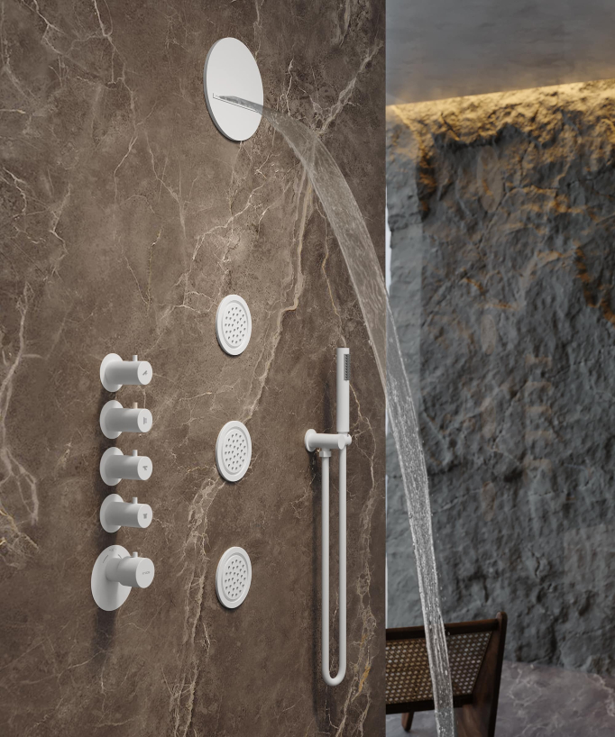 Composizione doccia termostatica soffione rotondo Wellness con body jets Bianco - Corbeau