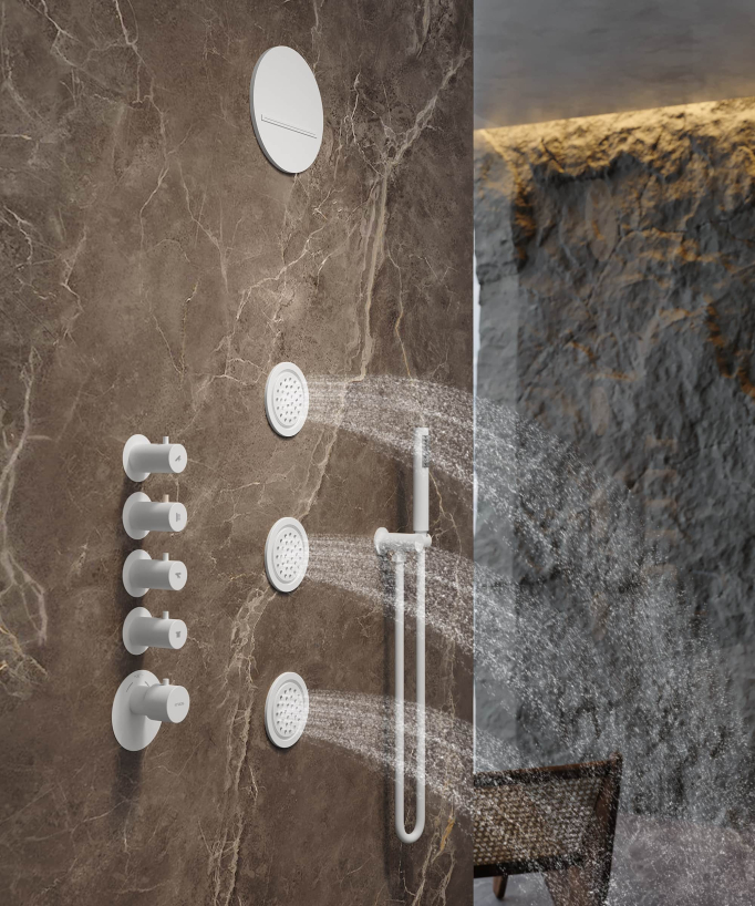 Composizione doccia termostatica soffione rotondo Wellness con body jets Bianco - Corbeau