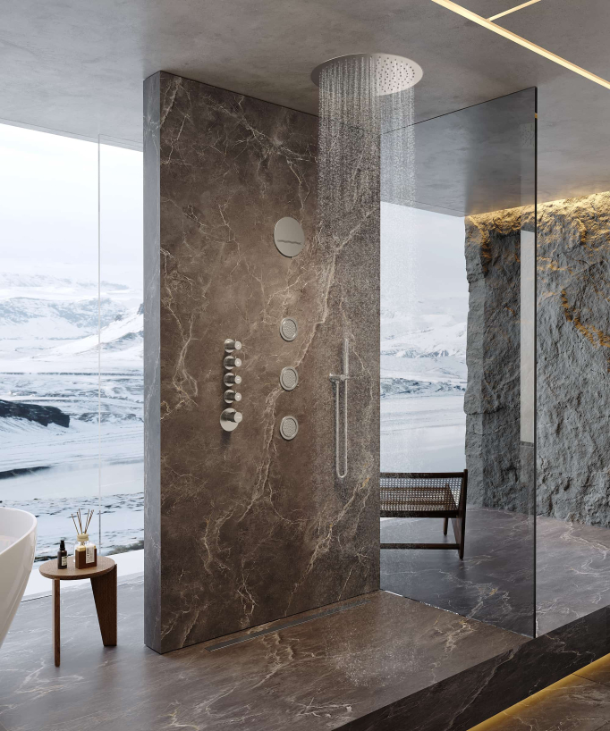 Composizione doccia termostatica soffione rotondo Wellness con body jets Nichel spazzolato - Corbeau