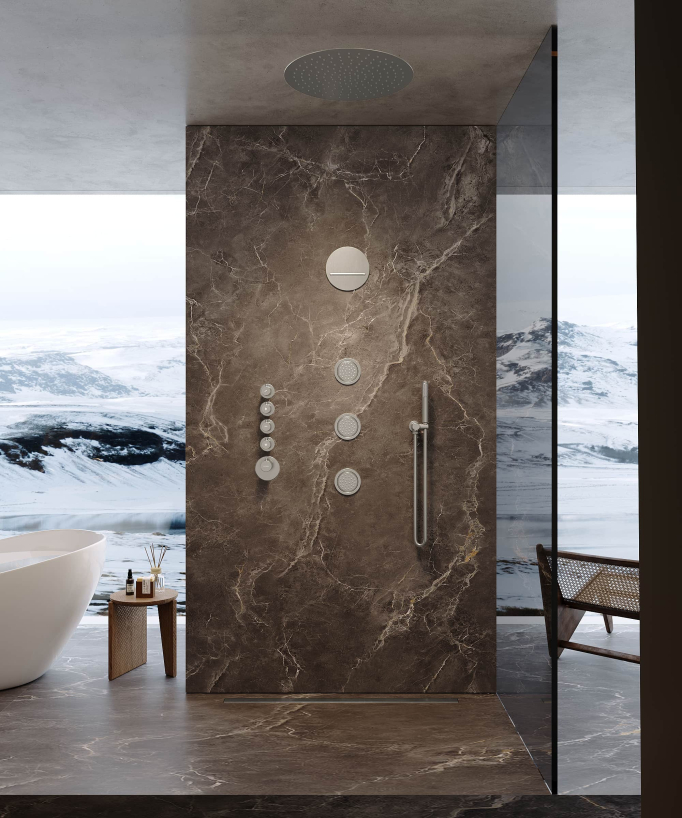 Composizione doccia termostatica soffione rotondo Wellness con body jets Nichel spazzolato - Corbeau