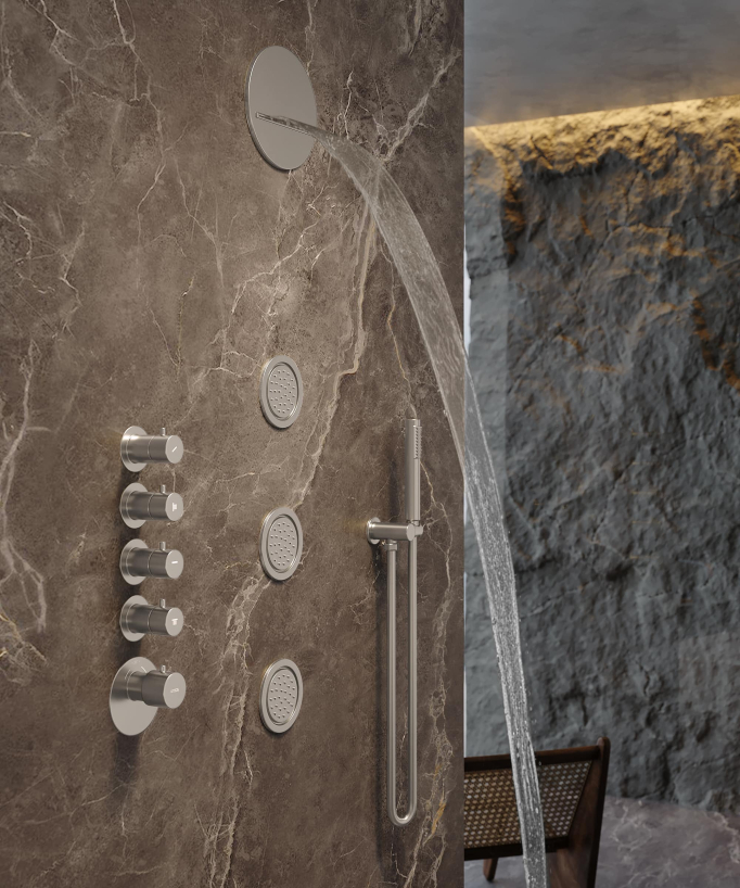 Composizione doccia termostatica soffione rotondo Wellness con body jets Nichel spazzolato - Corbeau