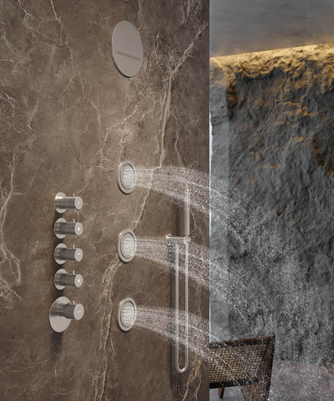 Composizione doccia termostatica soffione rotondo Wellness con body jets Nichel spazzolato - Corbeau