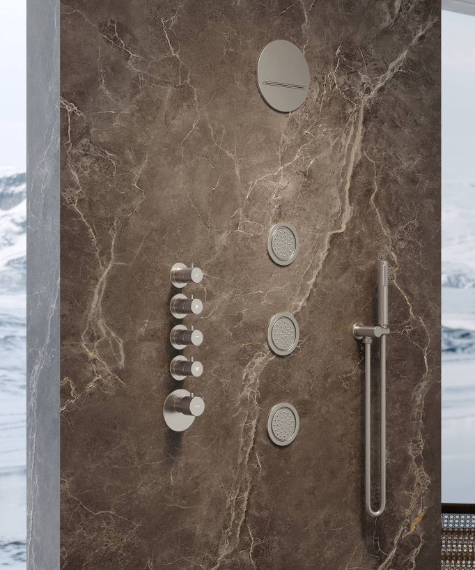 Composizione doccia termostatica soffione rotondo Wellness con body jets Nichel spazzolato - Corbeau