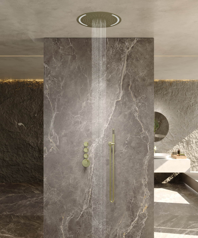 Pack doccia termostatico con soffione rotondo a LED Oro spazzolato - Corbeau