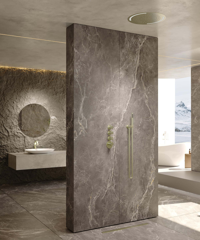 Pack doccia termostatico con soffione rotondo a LED Oro spazzolato - Corbeau