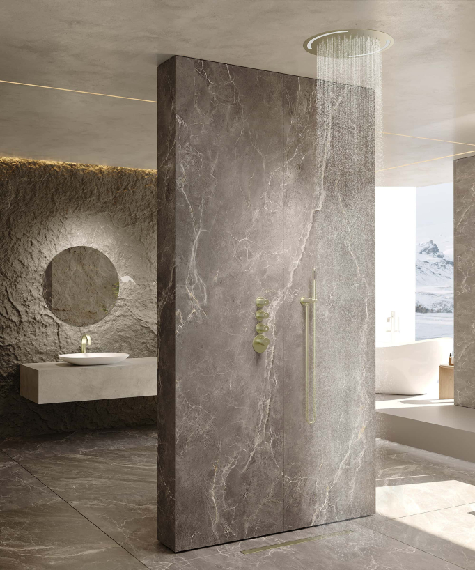 Pack doccia termostatico con soffione rotondo a LED Oro spazzolato - Corbeau