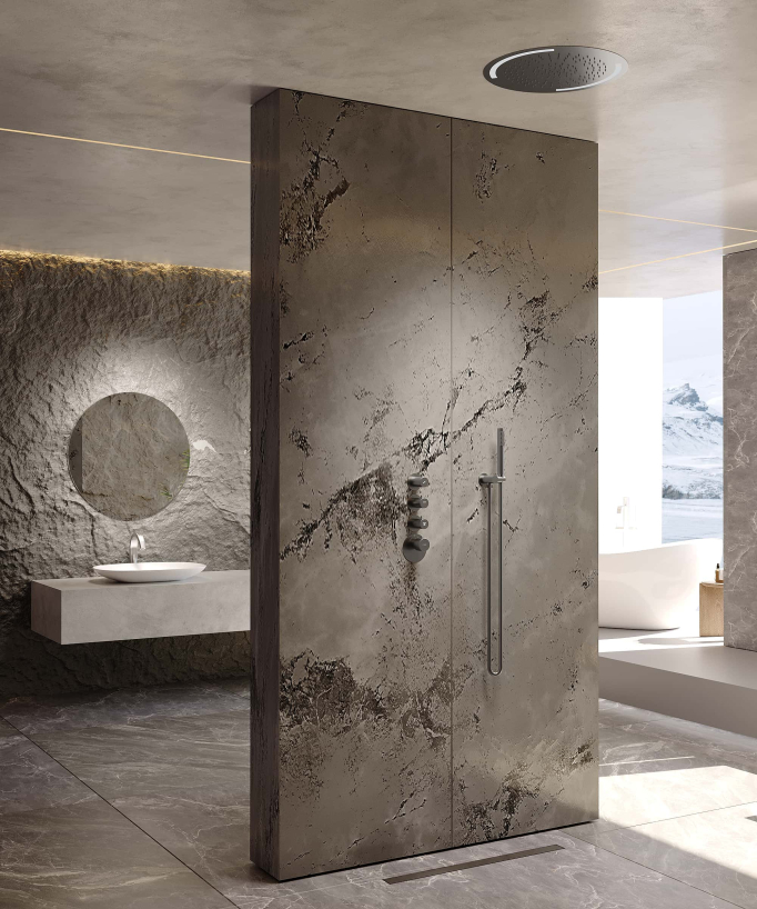 Pack doccia termostatico con soffione rotondo a LED Gun metal - Corbeau