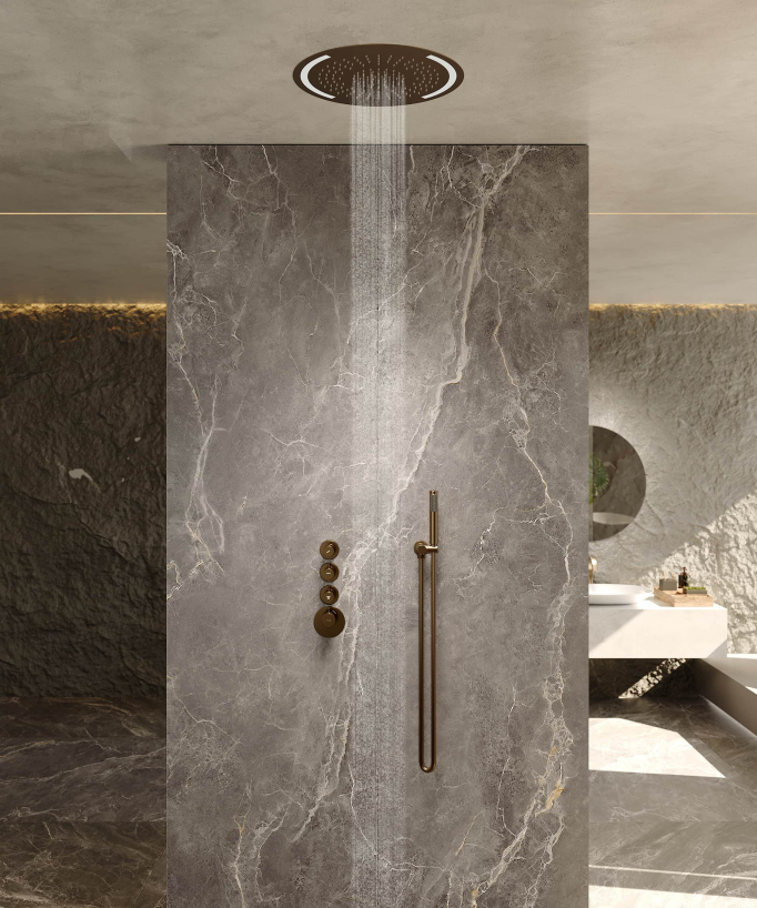 Pack doccia termostatico con soffione rotondo a LED Oro rosa spazzolato - Corbeau