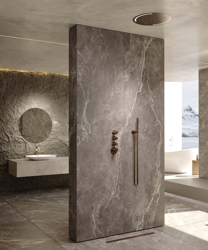 Pack doccia termostatico con soffione rotondo a LED Oro rosa spazzolato - Corbeau