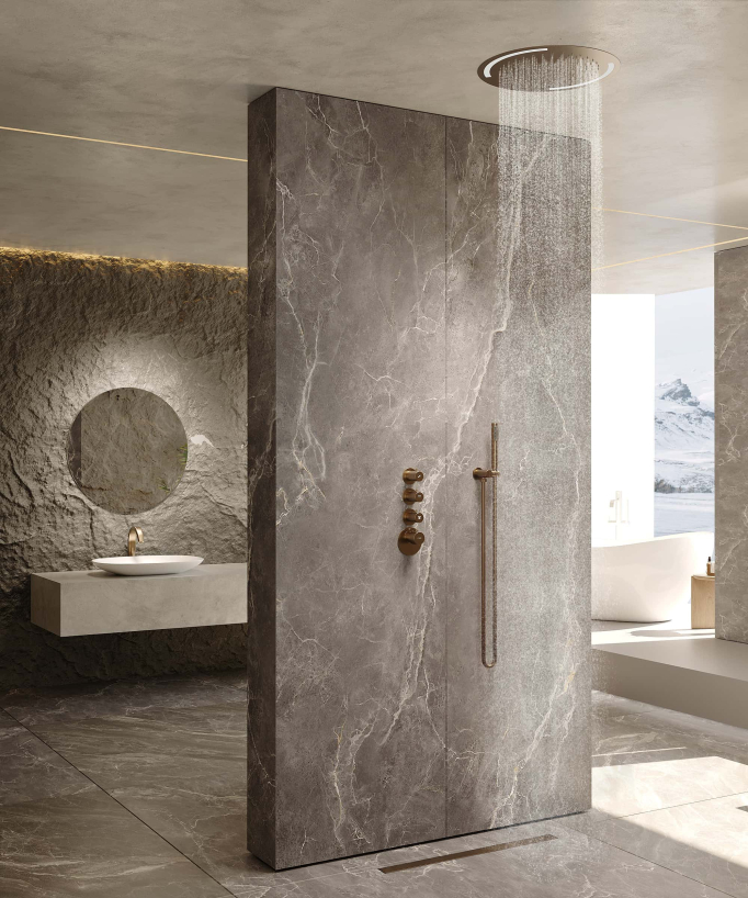 Pack doccia termostatico con soffione rotondo a LED Oro rosa spazzolato - Corbeau