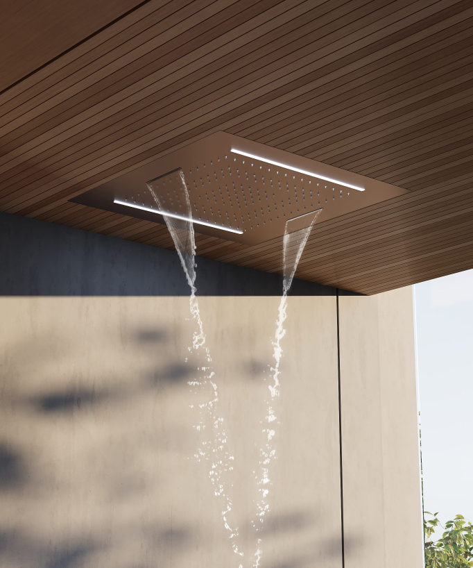 Set doccia termostatico, soffione multifunzione 70x70 cm a LED - Oro rosa spazzolato