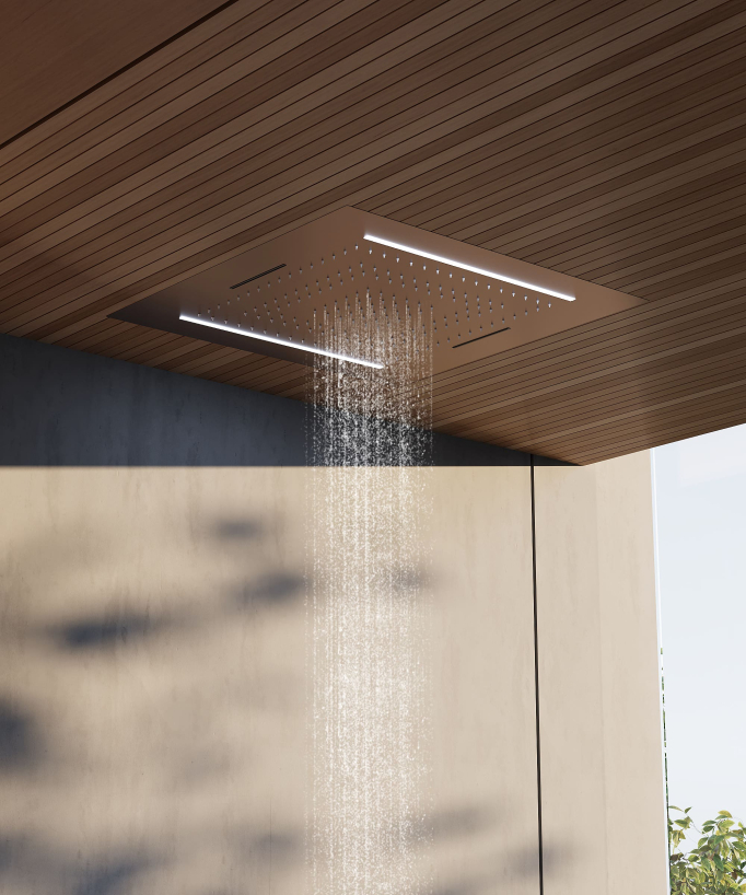 Set doccia termostatico, soffione multifunzione 70x70 cm a LED - Oro rosa spazzolato