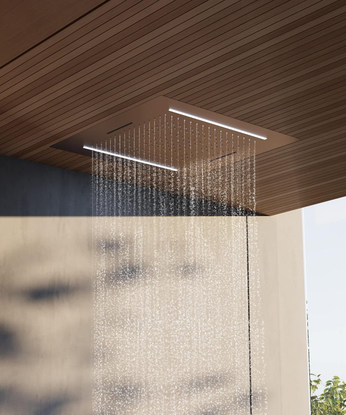 Set doccia termostatico, soffione multifunzione 70x70 cm a LED - Oro rosa spazzolato