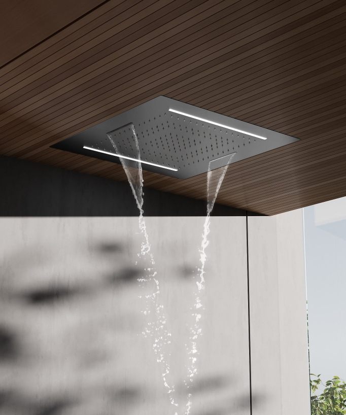 Set doccia termostatico, soffione multifunzione 70x70 cm a LED - Gun metal