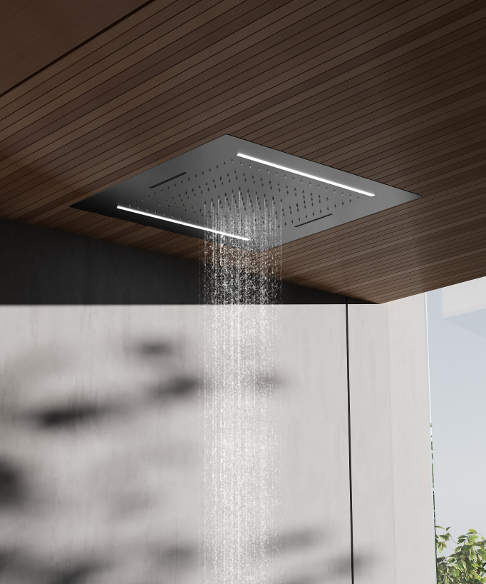 Set doccia termostatico, soffione multifunzione 70x70 cm a LED - Gun metal