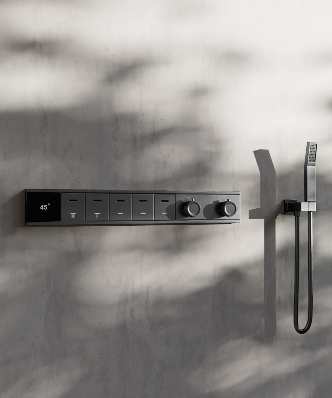 Set doccia termostatico, soffione multifunzione 70x70 cm a LED - Gun metal