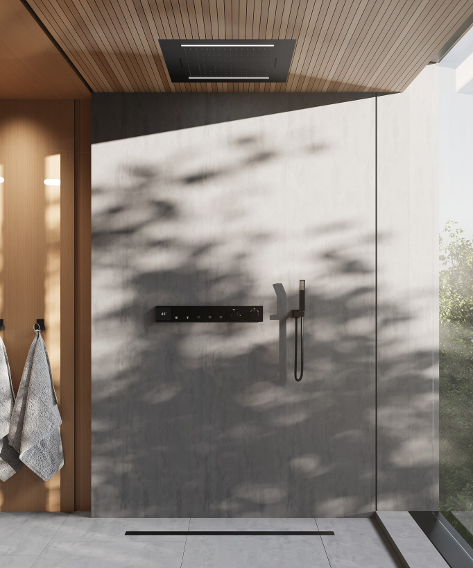 Set doccia termostatico, soffione multifunzione 70x70 cm a LED - Nero