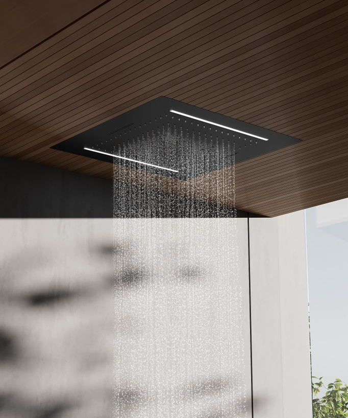 Set doccia termostatico, soffione multifunzione 70x70 cm a LED - Nero