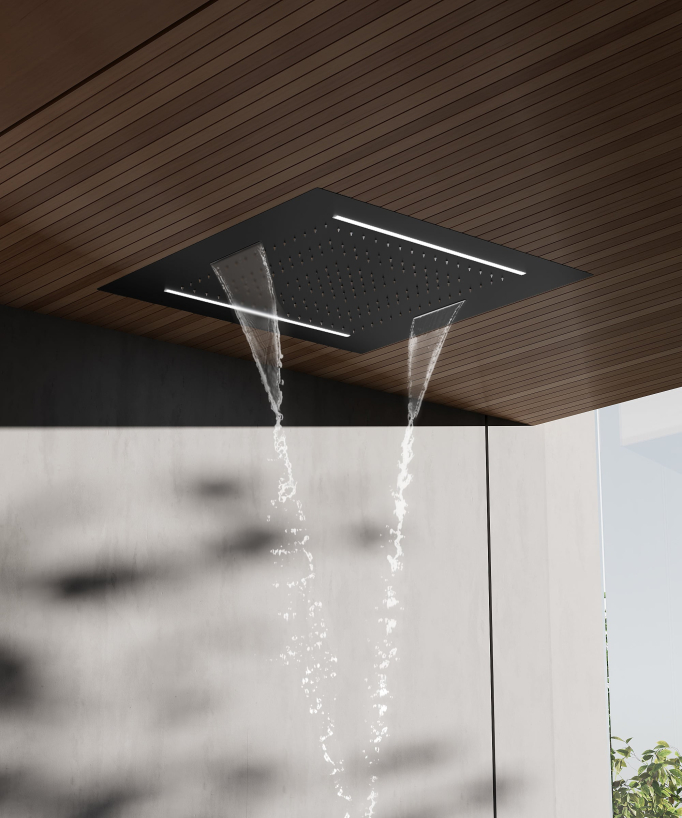 Set doccia termostatico, soffione multifunzione 70x70 cm a LED - Nero