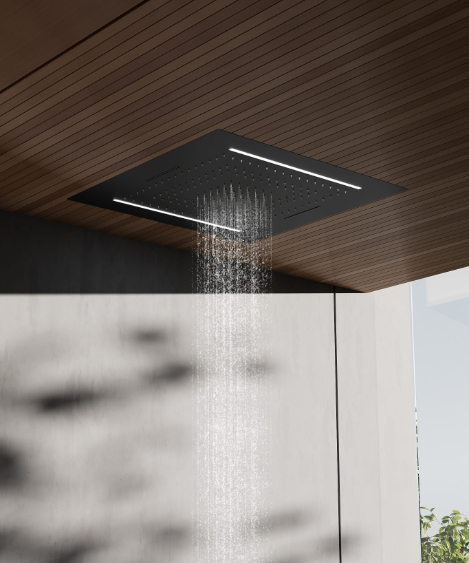 Set doccia termostatico, soffione multifunzione 70x70 cm a LED - Nero