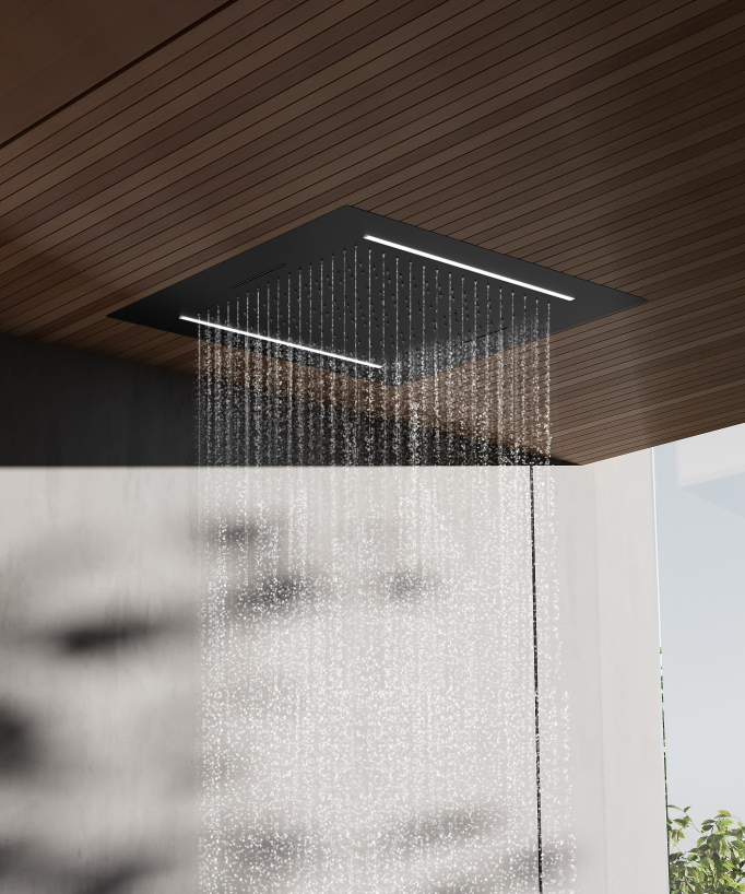 Set doccia termostatico, soffione multifunzione 70x70 cm a LED - Nero