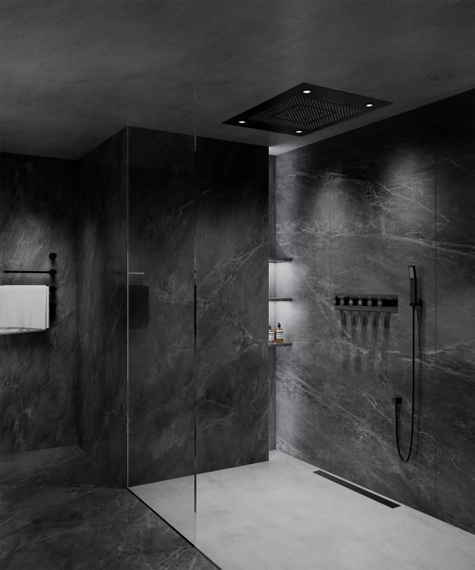 Pannello doccia termostatico con soffione a LED 800x600 mm - Nero