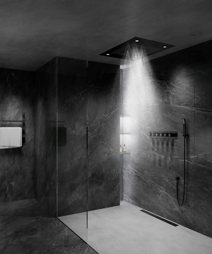 Pannello doccia termostatico con soffione a LED 800x600 mm - Nero