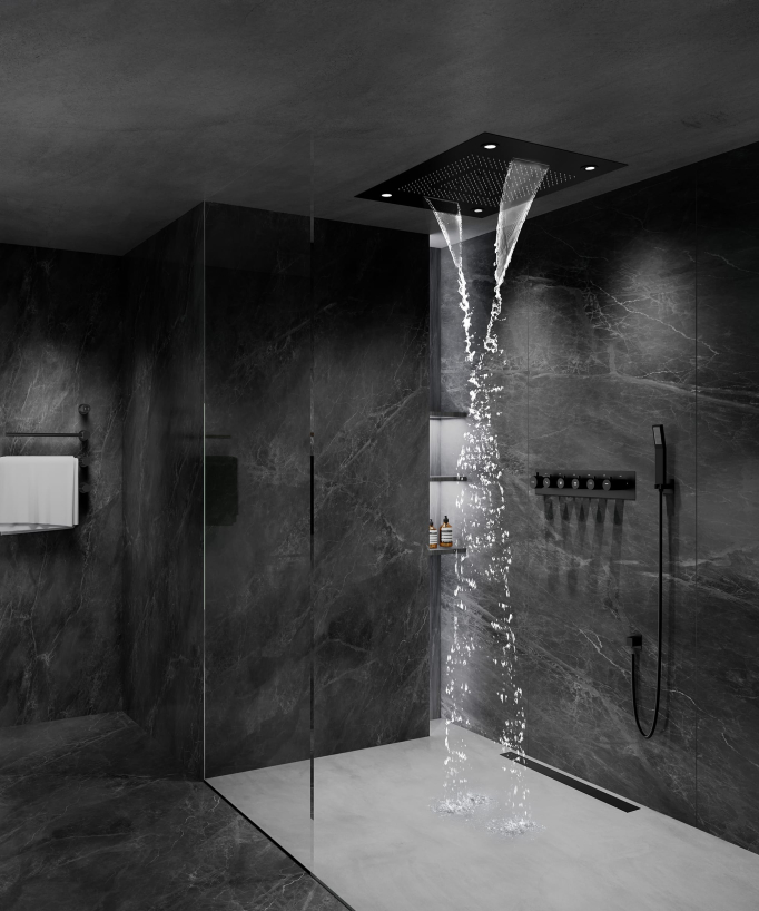 Pannello doccia termostatico con soffione a LED 800x600 mm - Nero