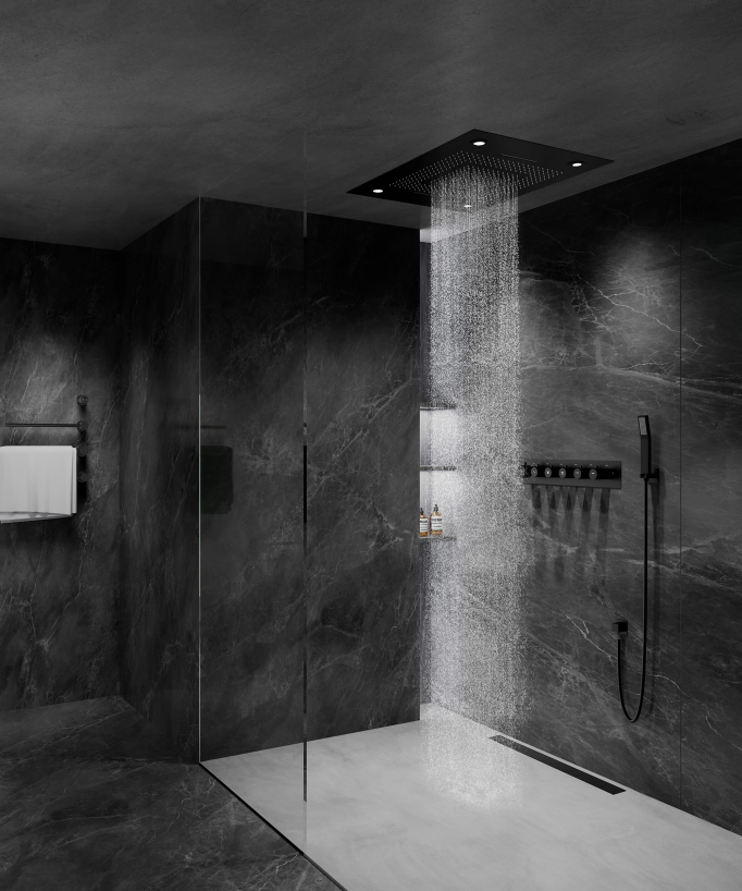 Pannello doccia termostatico con soffione a LED 800x600 mm - Nero